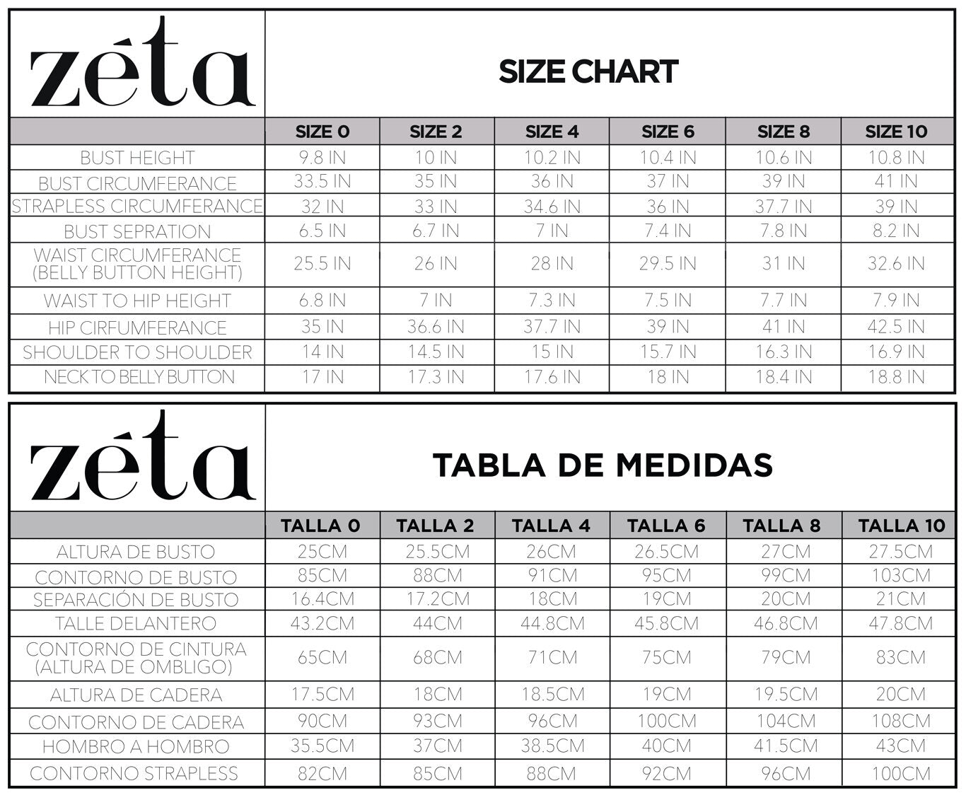 Size Charts – Moda Zeta